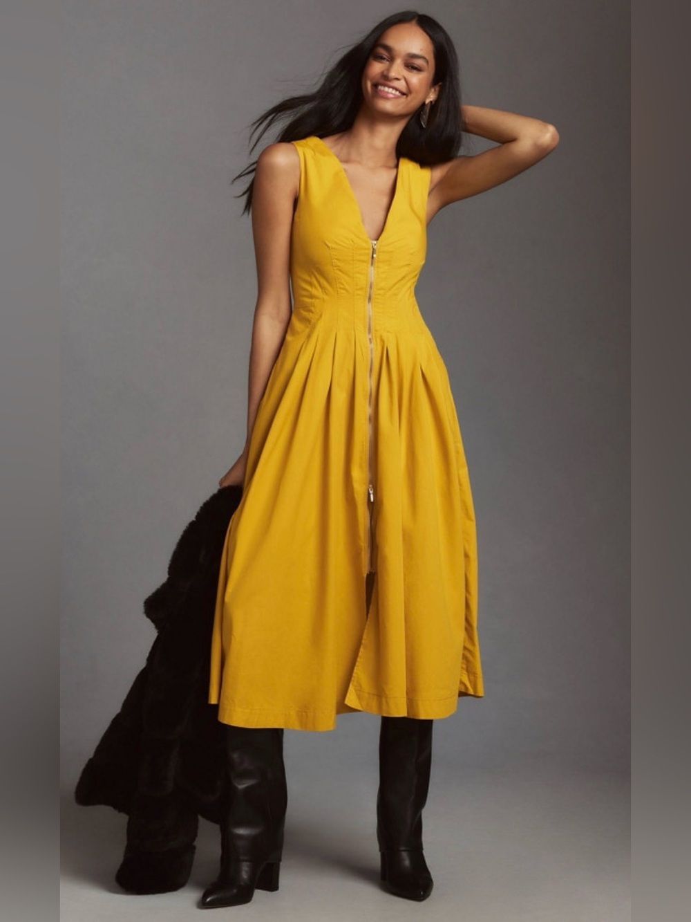 ANTHROPOLOGIE Sz L Sleeveless Corset V-Neck Midi Dress Front Zip NEW WITH TAG